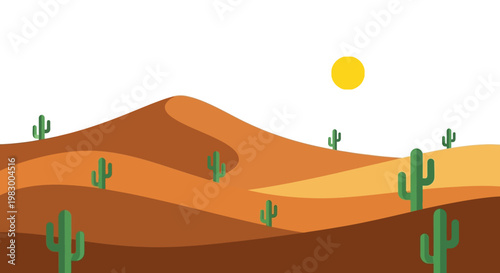 Minimalistic desert landscape with cacti and sun in vector style