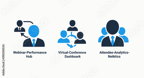 Business webinar and virtual conference management icons including performance hub conference dashboard and attendee analytics metrics for online events with business conference dashboard analytics