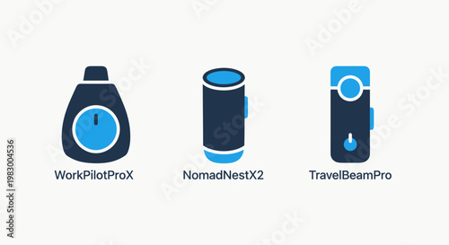 Product icon concept set featuring productivity timer tool nomad travel container and portable travel light device for remote work and mobile lifestyles technology productivity container equipment