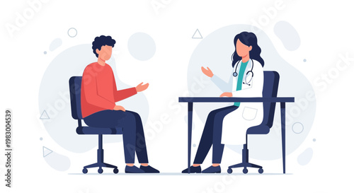 Doctor consulting patient in clinic, medical consultation, healthcare, and wellness concept