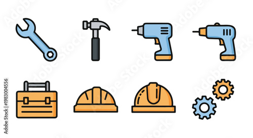 Labor Day Worker Tools Icon Set Thick Line Flat Vector Wrench Hammer Drill Helmet Toolbox Illustration
