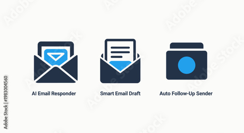 Email automation and productivity icons including AI responder smart drafting and automatic follow up message sender service graphic concepts with follow up responder follow-up automation business