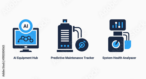 Industrial technology monitoring icons showing AI equipment hub predictive maintenance tracker and system health analyzer diagnostic tools with industry technology equipment predictive maintenance