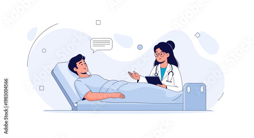 Doctor consulting patient in hospital bed, medical consultation, healthcare concept