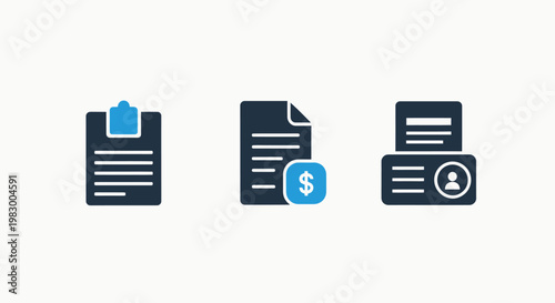 Business document icons set featuring clipboard list financial invoice with dollar sign and personal identity card for office administration and record keeping document business financial identity