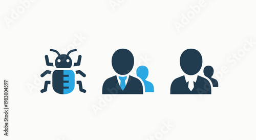Software bug and technical professional icons representing programming issues development team coordination and human resource management in a technology environment with software debugging resource