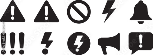 Ten black silhouette triangle, circle, exclamation marks, musical note, speech bubble, cloud, lightning bolt, flag, and arrow