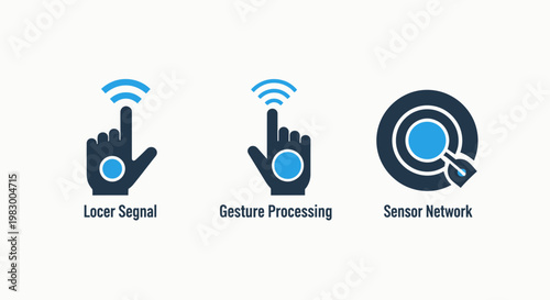 Modern technology icon collection depicting laser signal detection systems gesture processing controls and complex wireless sensor network architectures with technology processing touchless