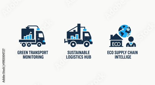 Sustainable logistics and green transport monitoring icons representing eco friendly supply chain intelligence for modern shipping and distribution management with logistics transport sustainable