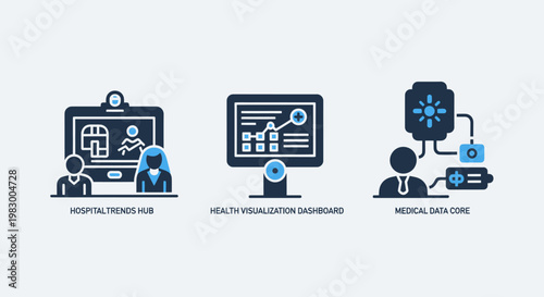 Corporate business management icons showing administrative settings panels performance data graphs and cross device connectivity for enterprise software with business management analytics settings