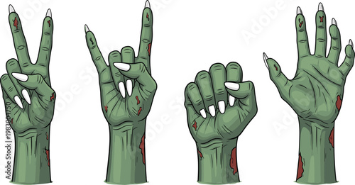 Creepy Zombie Hand Gesture Set with Victory Sign, Rock Symbol and Open Palm, Horror Undead Vector Illustration for Halloween and Spooky Design.