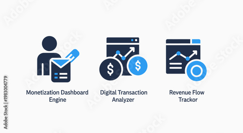 Set of financial analytics icons for monetization dashboard engine digital transaction analyzer and revenue flow tracker monitoring business profit and growth performance with business, monetization