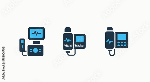 Medical vital signs monitoring icons displaying heart rate ecg ekg waves on portable patient monitor screens for healthcare and cardiac diagnostic tracking with monitoring healthcare hospital