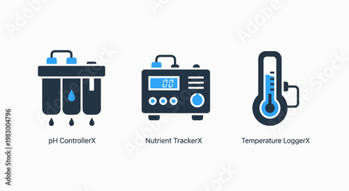 Industrial monitoring and sensor icons for p h controller nutrient concentration monitor and digital temperature logger used in hydroponics and water quality control with controller nutrient solution