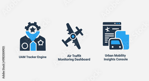 Urban air mobility and transportation logistics icons including air traffic monitoring dashboard uam tracker engine and urban mobility insights console for future smart city aviation systems