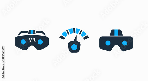 Collection of virtual reality technology icons with vr goggles and performance meter dashboard gauges for immersive tech applications dashboard performance technology immersive innovation