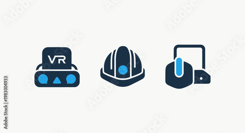 Industrial virtual reality and workplace safety icons including vr headset hard hat and advanced control systems for training with industry industrial technology training simulation engineering