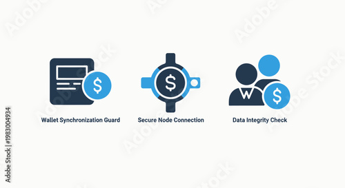 Secure financial data management icons showing action synchronization guard secure radio transaction and data integrity check processes with financial transaction security currency synchronization