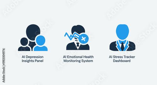 Artificial intelligence AI mental health icons for depression insights emotional monitoring systems and stress tracker dashboards with artificial intelligence emotional depression monitoring