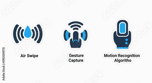 Set of gestural interface icons featuring air swipe gesture capture and motion recognition algorithm concepts recognition algorithm technology interface touchless wireless movement tracking