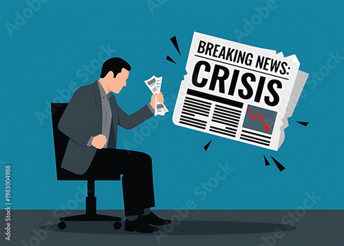 Businessman sitting in office chair reading crisis news on newspaper with breaking news  financial trouble concept