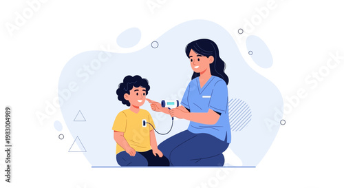Nurse checking child's temperature with thermometer, healthcare concept illustration