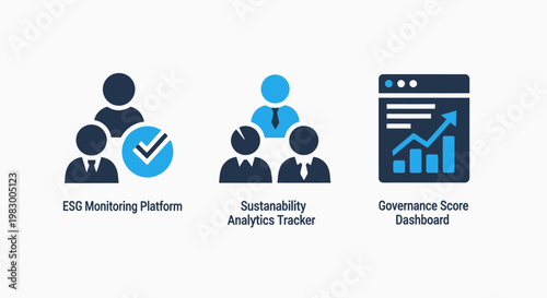 Esg monitoring and governance tracking icons set for sustainable business management with governance sustainability monitoring tracking platform business management corporate compliance