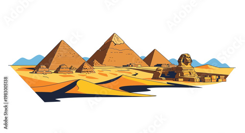 Illustration of Egyptian Pyramids and Sphinx in Desert Landscape