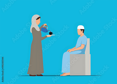 Woman serving tea to a man sitting on a chair in a simple flat design