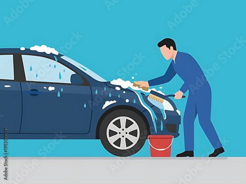 Man washing a blue car with soap and a brush outdoors on a sunny day with a bucket