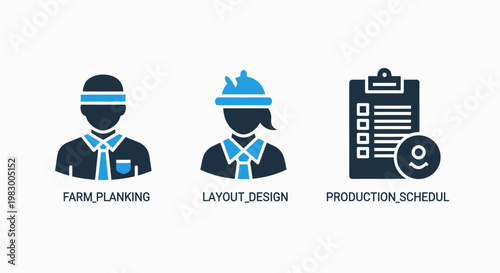 Business and farm planning operations icons set with planning production schedule business management strategy agricultural professional organization workflow corporate illustration