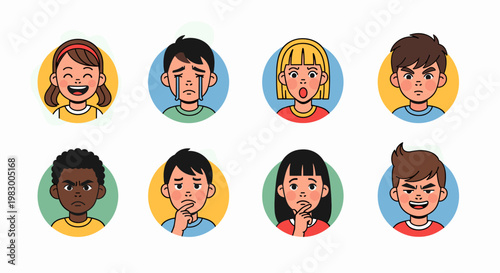 Collection of diverse cartoon children's faces expressing various emotions like happiness, sadness, surprise, anger, and contemplation.