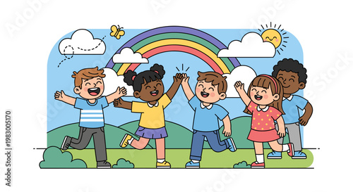 Diverse group of happy children playing together outdoors under a vibrant rainbow and sunny sky, celebrating friendship and joy.