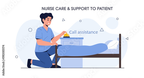 Nurse helping patient, pressing call button for assistance in hospital room