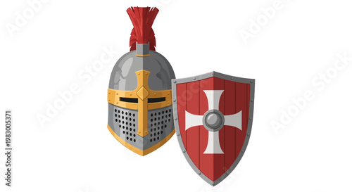 Medieval knight helmet and shield with cross emblem illustration