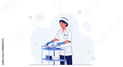 Nurse Preparing Medical Instruments on Rolling Cart in Clinic