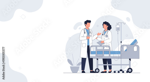 Doctors Discussing Patient Care Next to Hospital Bed and IV Drip