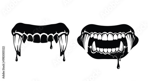 Two vampire mouths with dripping fangs black silhouette on transparent background
