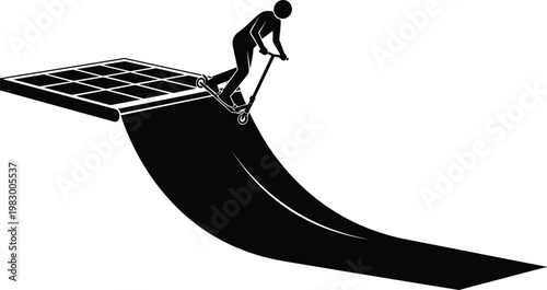 Scooter Rider Performing Trick on Ramp, Extreme Sports, Skatepark Stunt, Action Sports, Skateboarding Silhouette