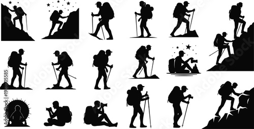 Silhouette of Hiker Adventurer with Backpack Climbing Mountains, Trekking, Exploring Nature, and Outdoor Activities