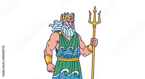 Illustration of Poseidon Holding a Trident with Ocean Waves