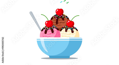 Delicious ice cream scoops with cherries in a blue bowl