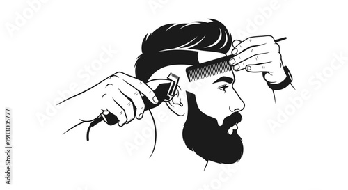 Barber trimming man's hair and beard in black and white illustration
