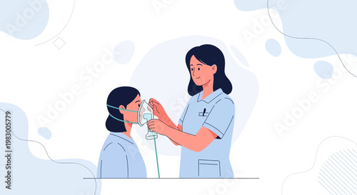 Nurse Attaching Oxygen Mask to Patient, Medical Care Illustration