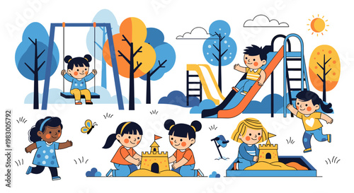 A vibrant illustration depicts a diverse group of young children joyfully engaging in various outdoor playground activities, including swinging, sliding, and building sandcastles.