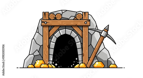 Cartoon style illustration of a mining tunnel with pickaxe and gold