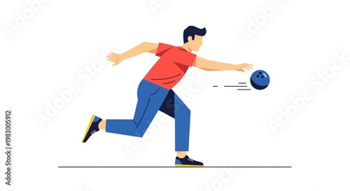Man bowling with blue ball in casual attire on white background