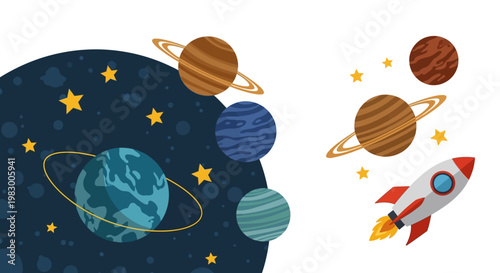Colorful vector illustration of planets and rocket in space
