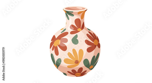Colorful ceramic vase with floral pattern on white background