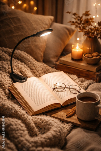 Φωτογραφία Cozy autumn reading nook with open book eyeglasses coffee mug candlelight and so